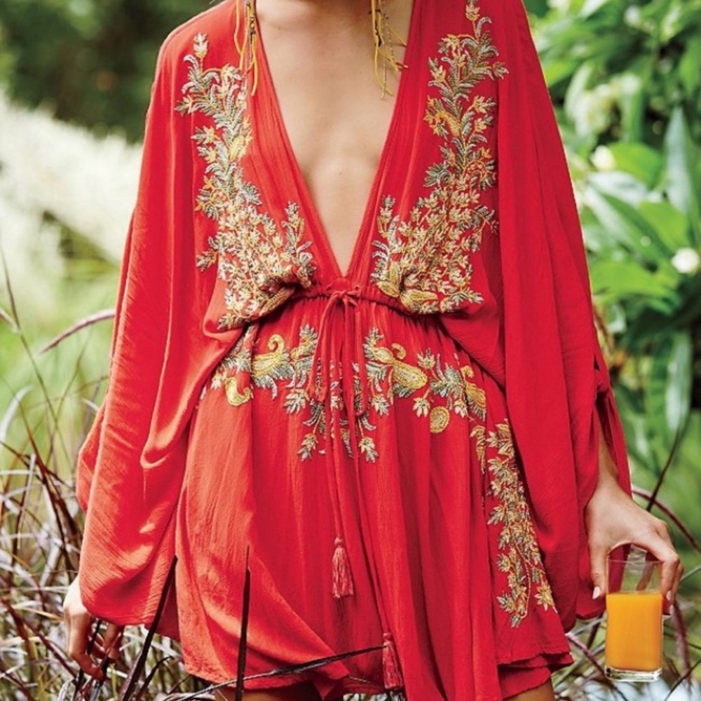 Free People Poppy Combo Red Mini Dress with Gold & Cream Embroidery